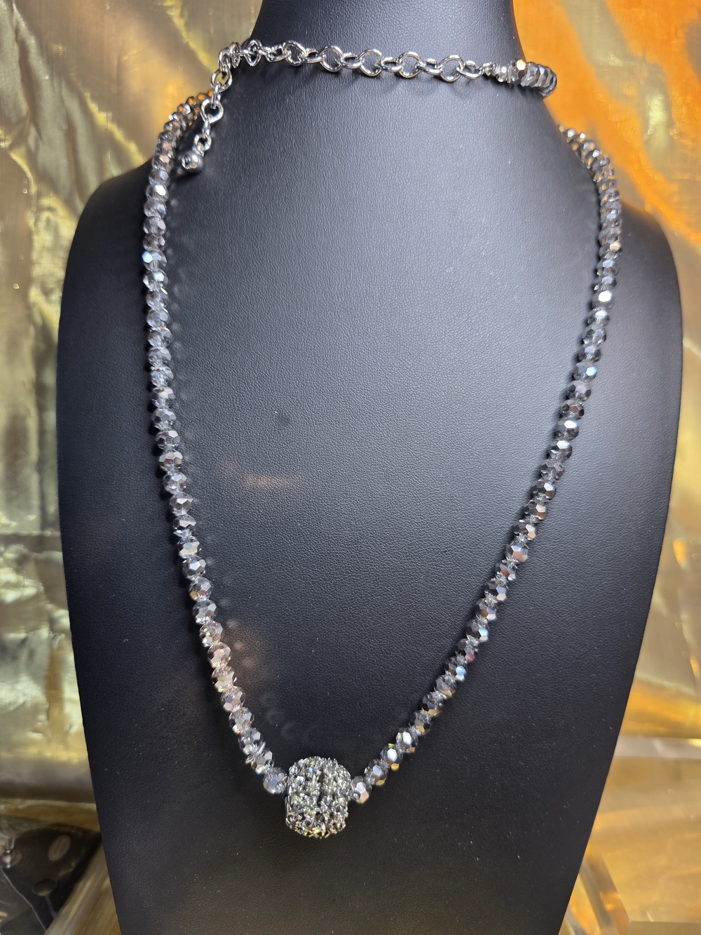 #1010 Crystal Bead Necklace with Pave Ball Accent - Silver Tone